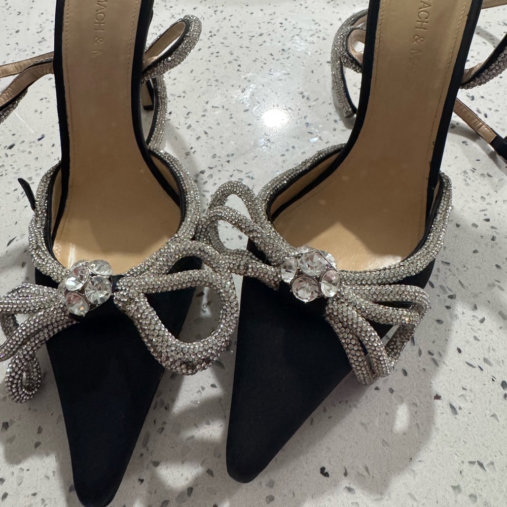 Mach & Mach Double Bow Crystal Heels Black Satin Size 38 (US 8)